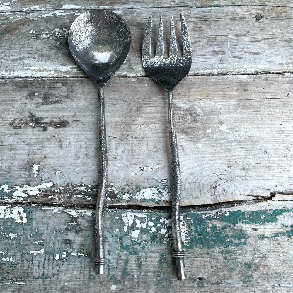 Elle Twig Silver Salad Serving utensil fork & spoon Set nwt